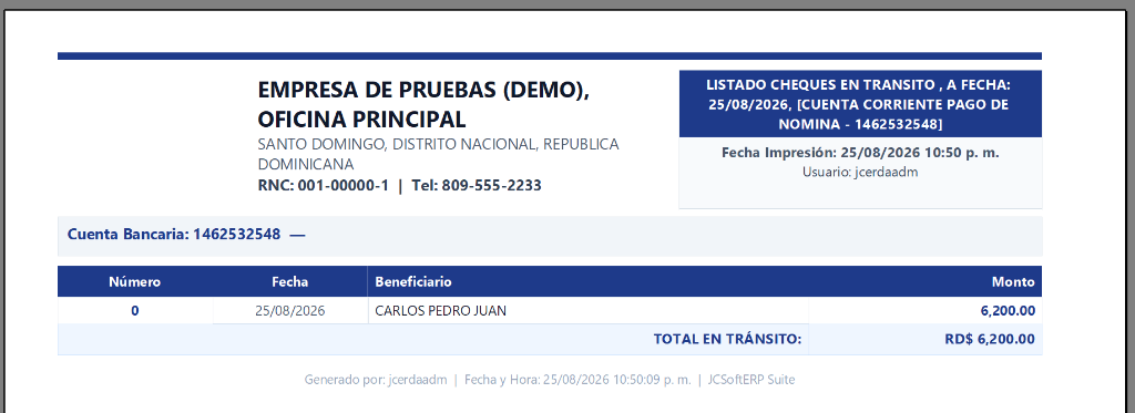 Reporte Oficial de Cheques en Tránsito