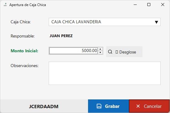 Ventana Apertura de Caja Chica