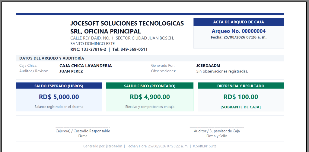 Acta Oficial de Arqueo de Caja