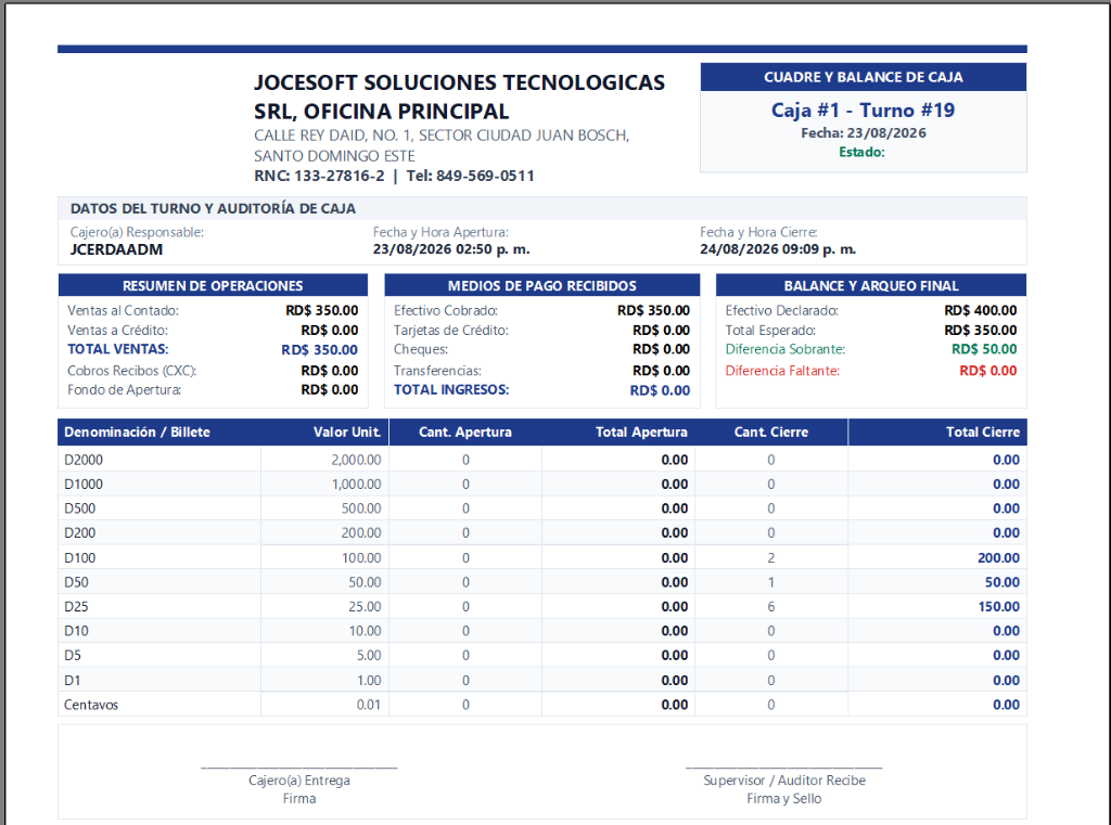 Reporte Cuadre y Balance de Caja