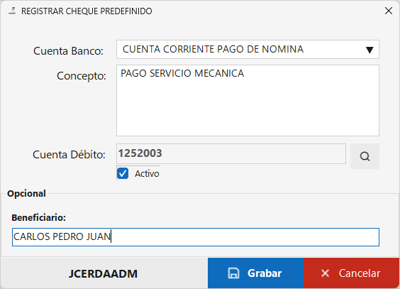 Formulario de Registro de Cheque Predefinido