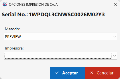 Ventana Opciones Impresión de Caja
