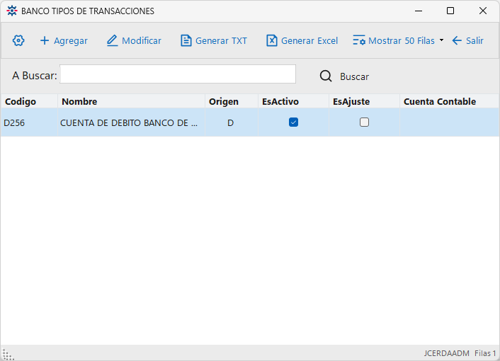 Listado de Tipos de Transacciones