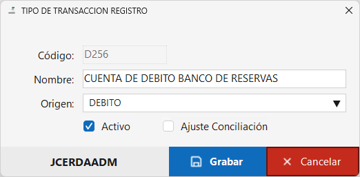 Formulario de Registro de Tipos de Transacción