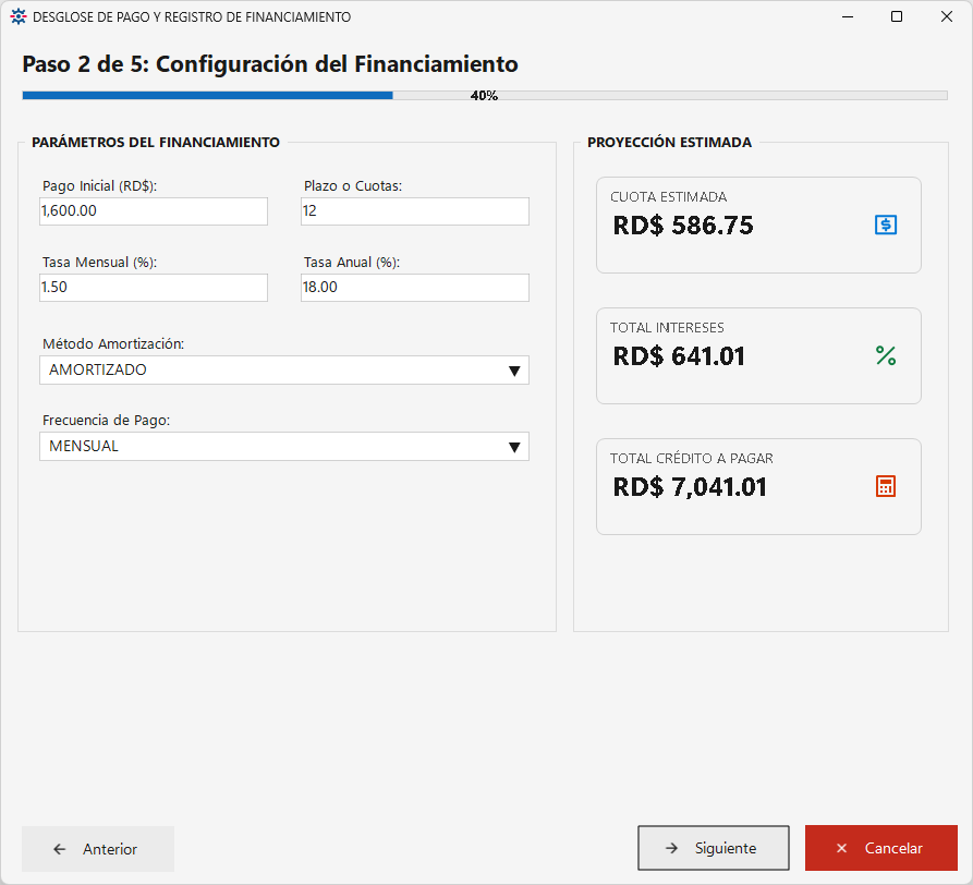 Asistente de Financiamiento - Paso 2: Configuración